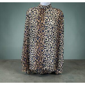 First Love By Lovelyn Womens Leopard Print Pleated Blouse Size 2X Mock Neck Long